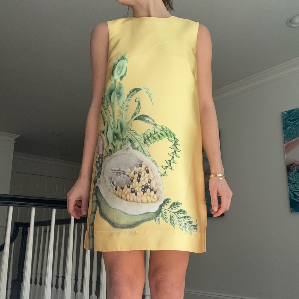 Alemais Yellow Mini Dress with Green Botanical Print